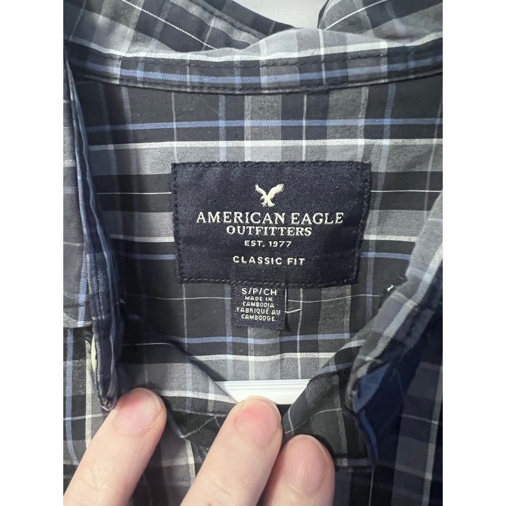 American Eagle‎ Plaid Shirt Mens S Black Classic Fit Stretch - Picture 2 of 6